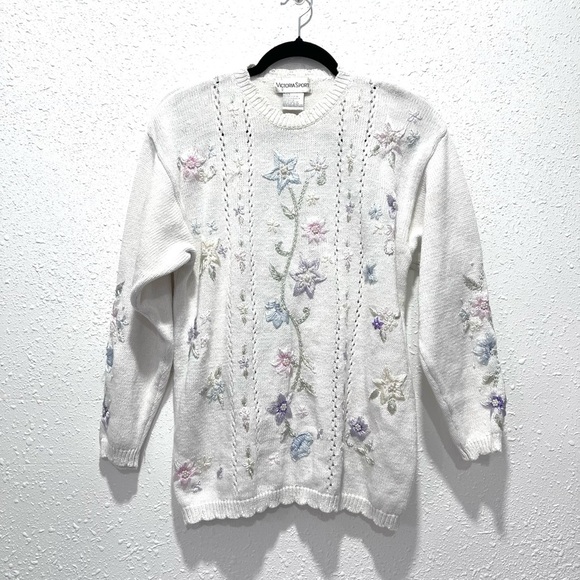 Vintage Floral Embroidered Crew Neck Sweater Small - Picture 1 of 8